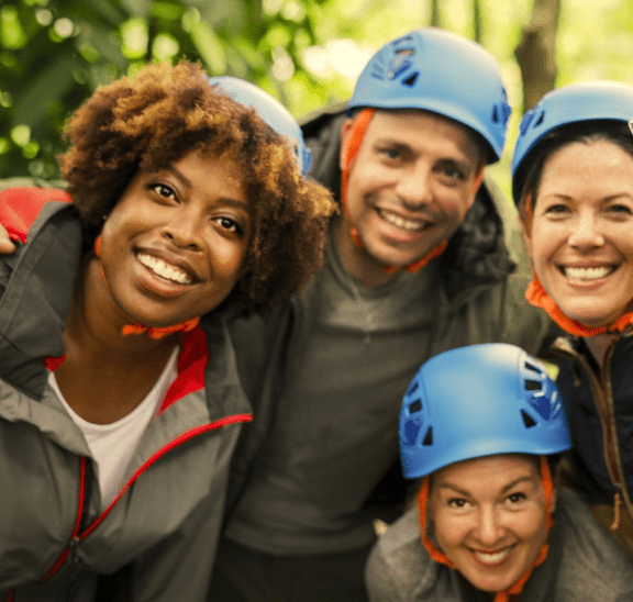 Adults in climbing helmets suggesting can you choose freely