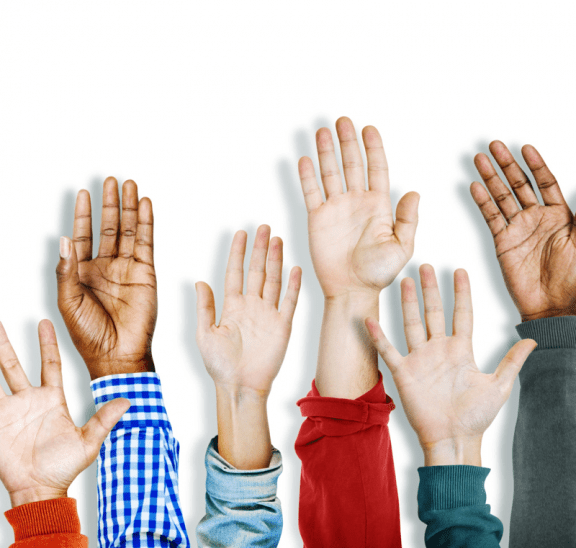 Hands raised in air as part of Have You Ever variation