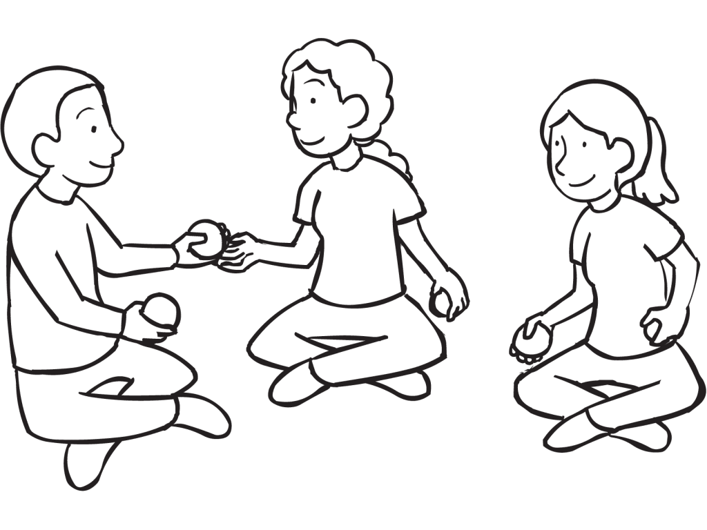 Three people sitting circle passing balls to one another as part of small team puzzle The Passing Game
