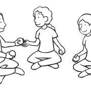 Three people sitting circle passing balls to one another as part of small team puzzle The Passing Game