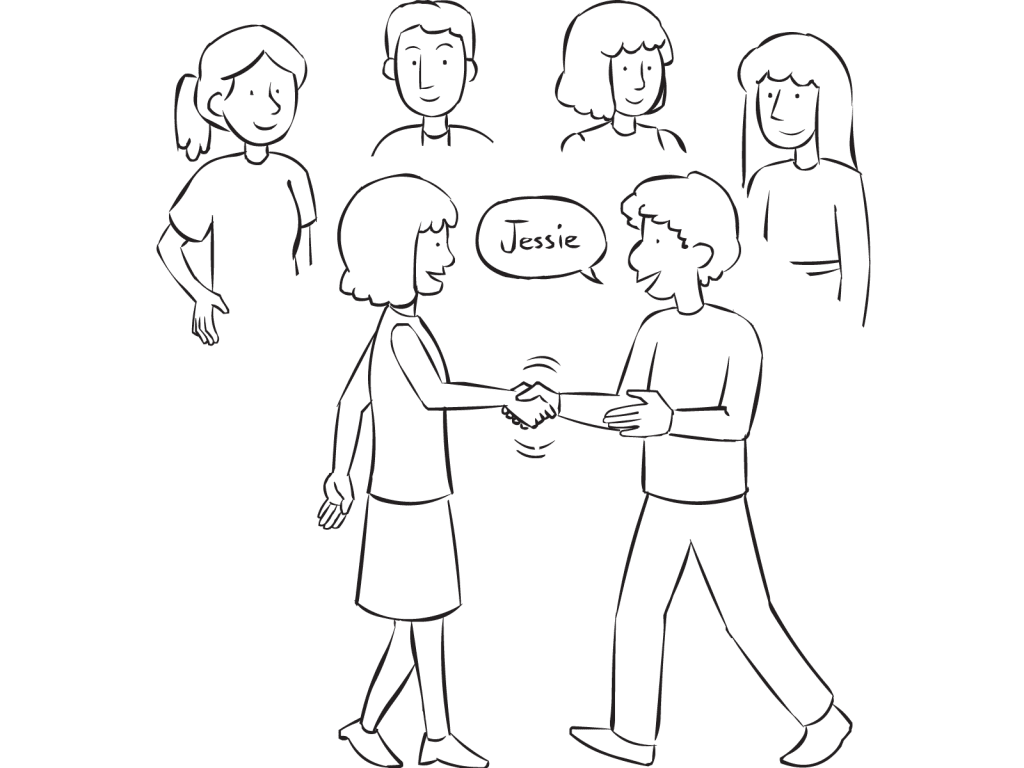 Group of people mixing at a Cocktail Party ice-breaker game greeting each other as part of the social mingling exercise