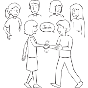 Group of people mixing at a Cocktail Party ice-breaker game greeting each other as part of the social mingling exercise