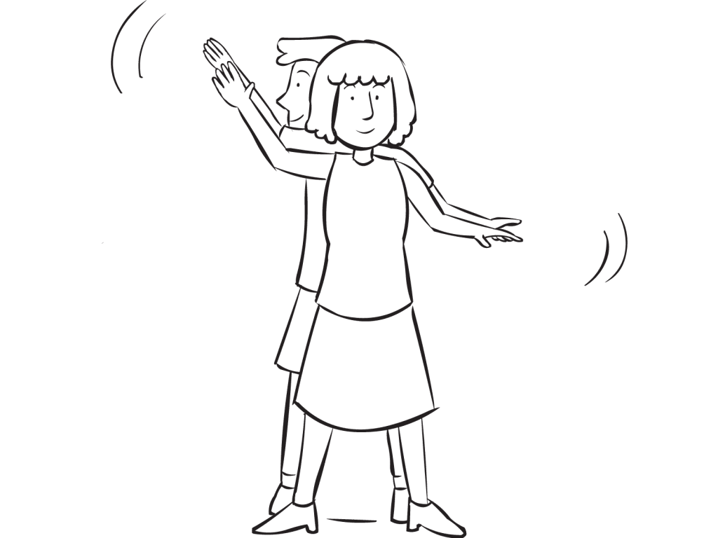 Two people standing back-to-back and arms outstretched play the fun partner stretch Windmill Stretch