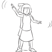 Two people standing back-to-back and arms outstretched play the fun partner stretch Windmill Stretch