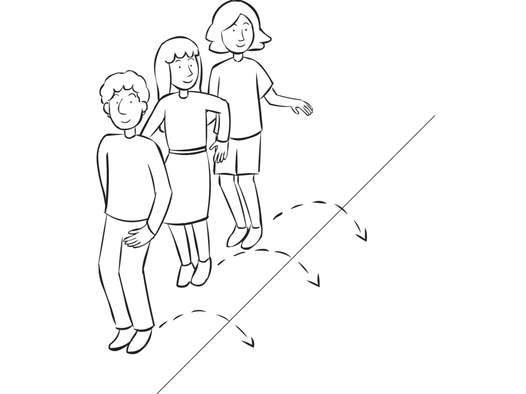 Group of people jumping to one side of a rope on ground, as expected in Salt & Pepper exciting warm-up game