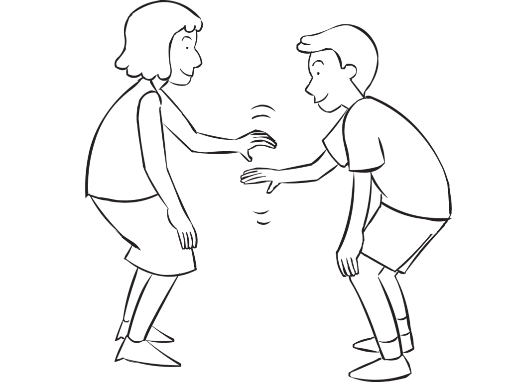 Two people trying to tag each others knees in quick partner game of Knee Tag