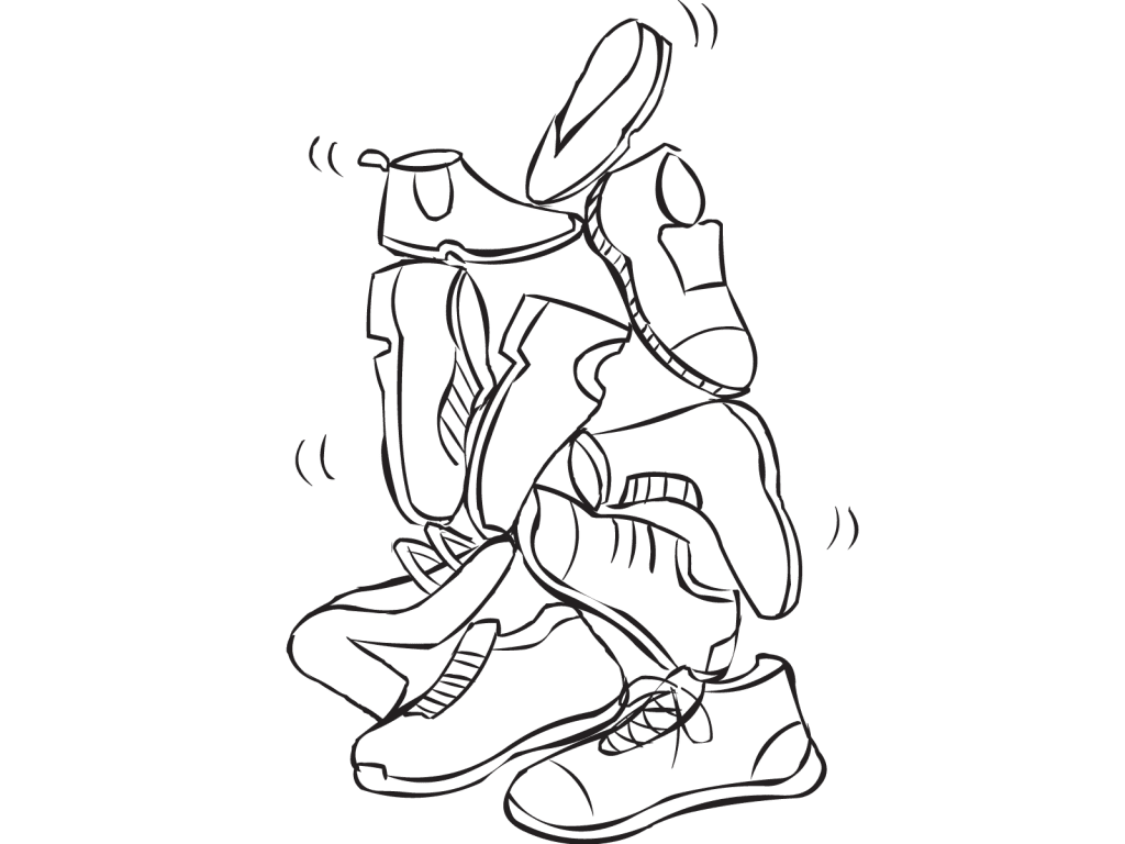 Bunch of shoes stacked on top of each other to form a shoe tower in the quick team challenge Leaning Tower of Feetza