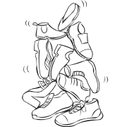 Bunch of shoes stacked on top of each other to form a shoe tower in the quick team challenge Leaning Tower of Feetza