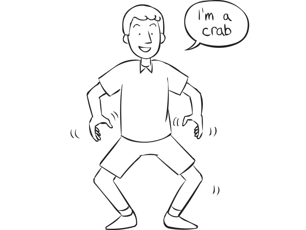 Man acting like he is a crab, as seen in playful warm-up activity I'm An Animal Stretch