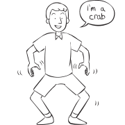 Man acting like he is a crab, as seen in playful warm-up activity I'm An Animal Stretch