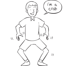 Man acting like he is a crab, as seen in playful warm-up activity I'm An Animal Stretch