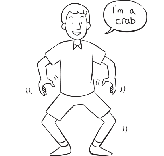 Man acting like he is a crab, as seen in playful warm-up activity I'm An Animal Stretch