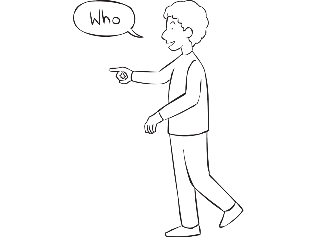 Man pointing to another person asking Who as part of interactive name game