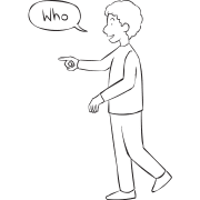 Man pointing to another person asking Who as part of interactive name game