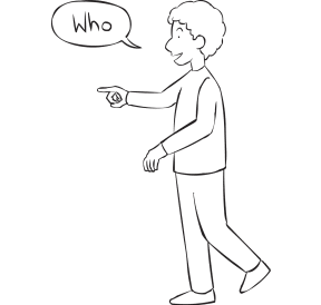 Man pointing to another person asking Who as part of interactive name game