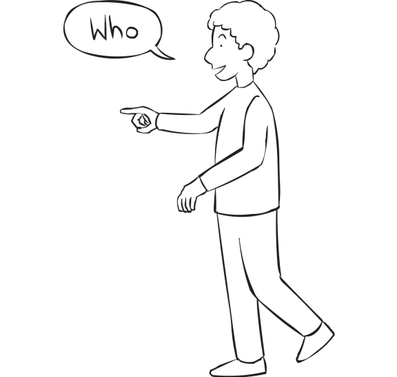 Man pointing to another person asking Who as part of interactive name game