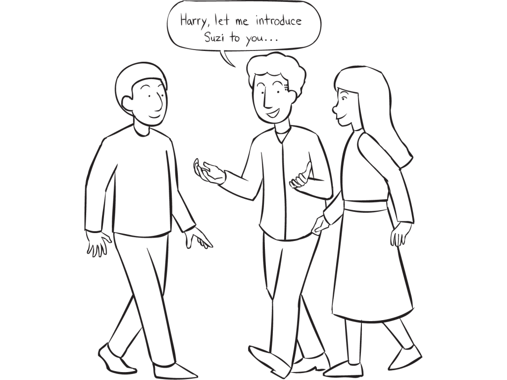 Three people involved in greeting one another as part of simple icebreaker activity Let Me Introduce, a great solution when you wonder what is an icebreaker