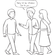 Three people involved in greeting one another as part of simple icebreaker activity Let Me Introduce, a great solution when you wonder what is an icebreaker