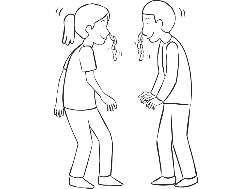 Two people with rolls of masking tape hanging from their noses, in hilarious group energiser Sticky Beak