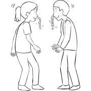 Two people with rolls of masking tape hanging from their noses, in hilarious group energiser Sticky Beak