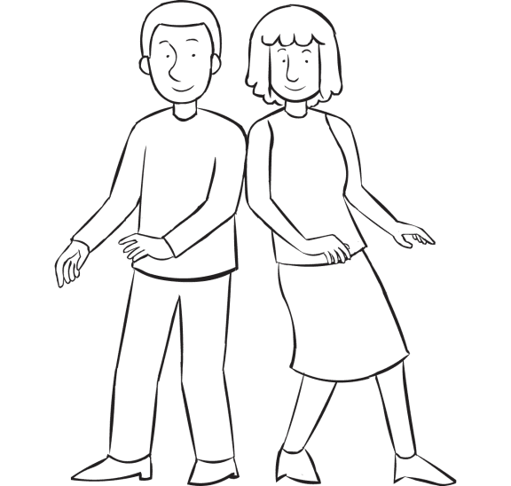 Two people leaning to the side of each other walking forward as part of partner trust exercise called Lean Walk