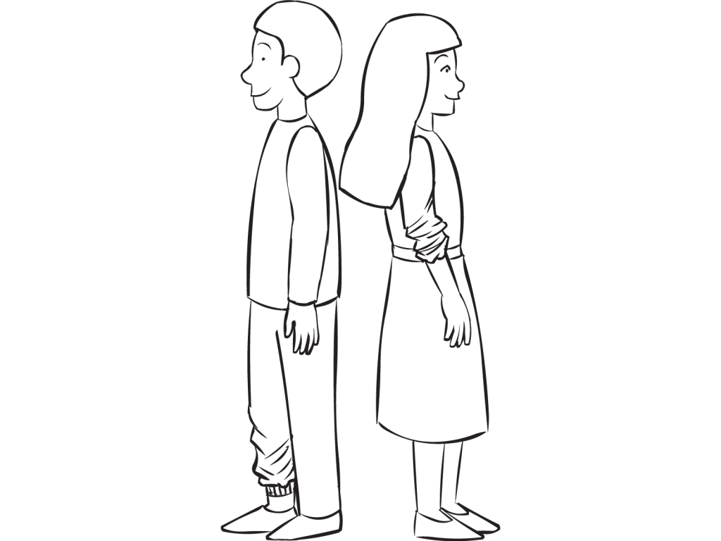 Two people standing back to back, about to play partner trust-building exercise Spot The Difference