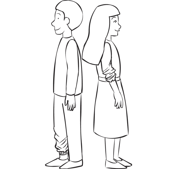 Two people standing back to back, about to play partner trust-building exercise Spot The Difference