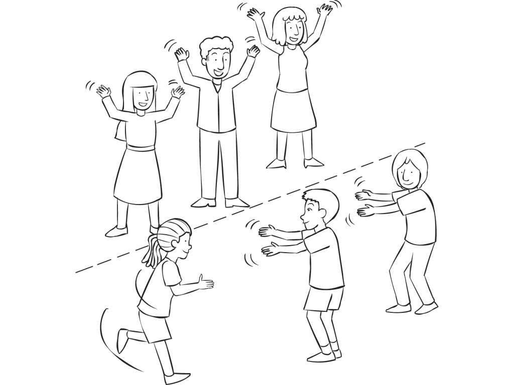 Two groups of people playing fun whole group tag game called Giants Wizards Elves