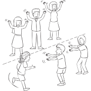 Two groups of people playing fun whole group tag game called Giants Wizards Elves