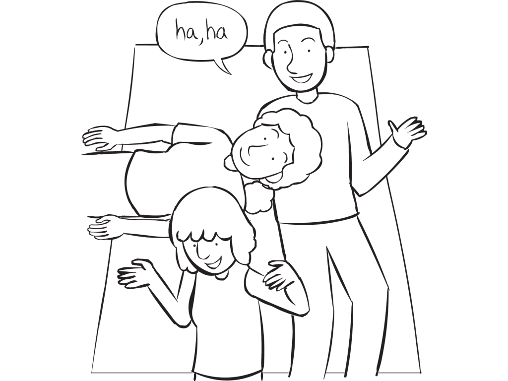 Three people lying with heads on each other's stomachs playing fun laughter game Ha Ha Ha Game