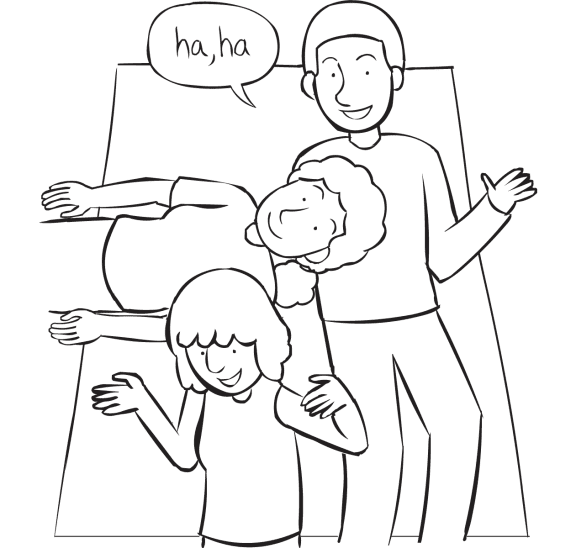 Three people lying with heads on each other's stomachs playing fun laughter game Ha Ha Ha Game