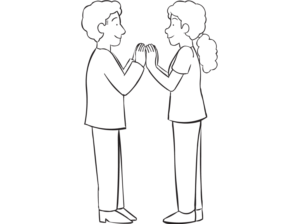 Two people facing each other with palms touching, as starting position for fun partner game called Palm Off
