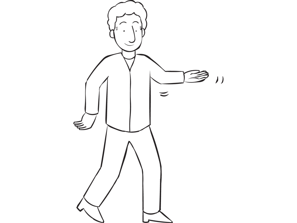 Man using imagination to hold a cup in his hand while stretching in Tea Cup Stretch fun balance exercise