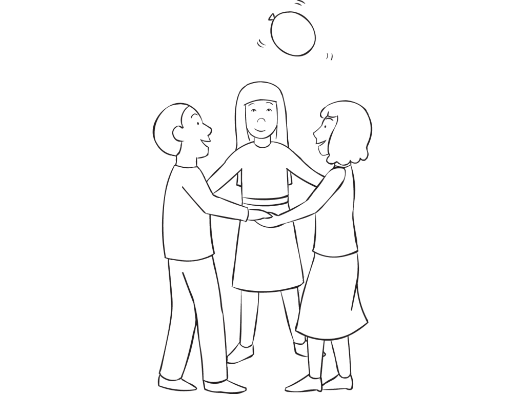Three people holding hands trying to keep balloon afloat in the balloon team-building game Boop