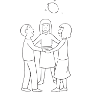 Three people holding hands trying to keep balloon afloat in the balloon team-building game Boop