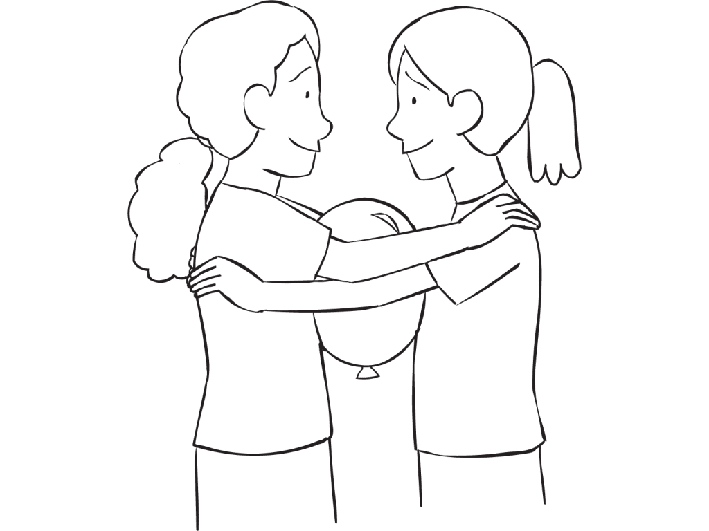 Two people with a balloon pressed between their bodies playing exciting partner challenge Fire In The Hole