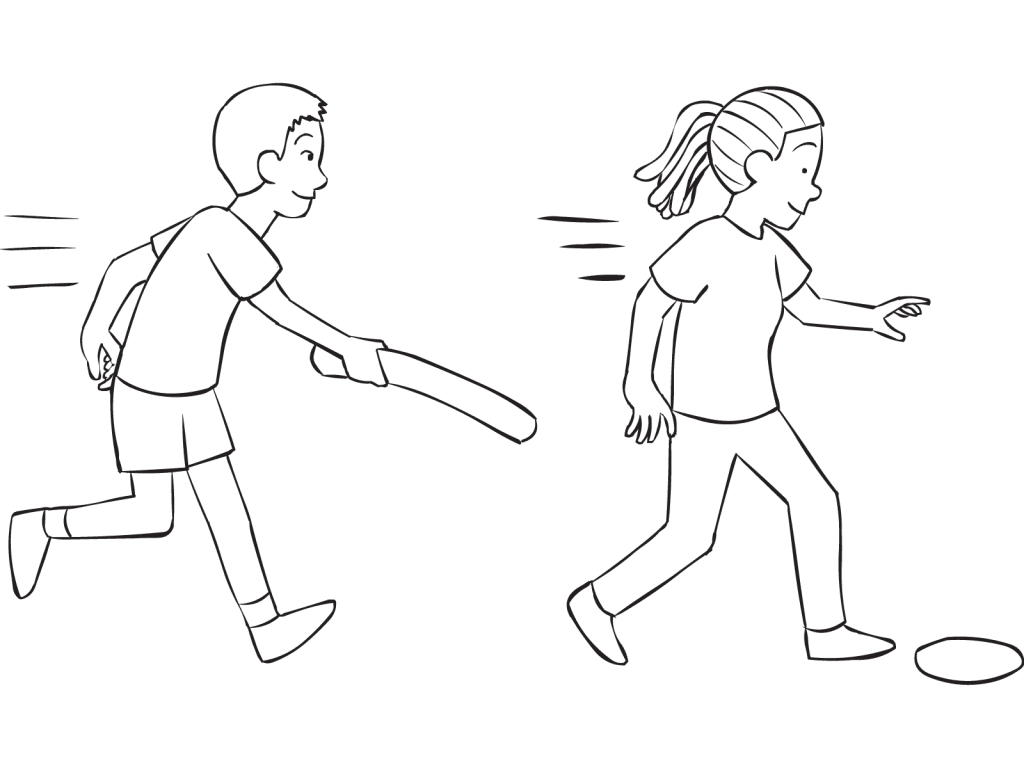 Man chasing a woman with a boffer playing a highly energetic tag game Swat Tag