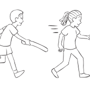 Man chasing a woman with a boffer playing a highly energetic tag game Swat Tag