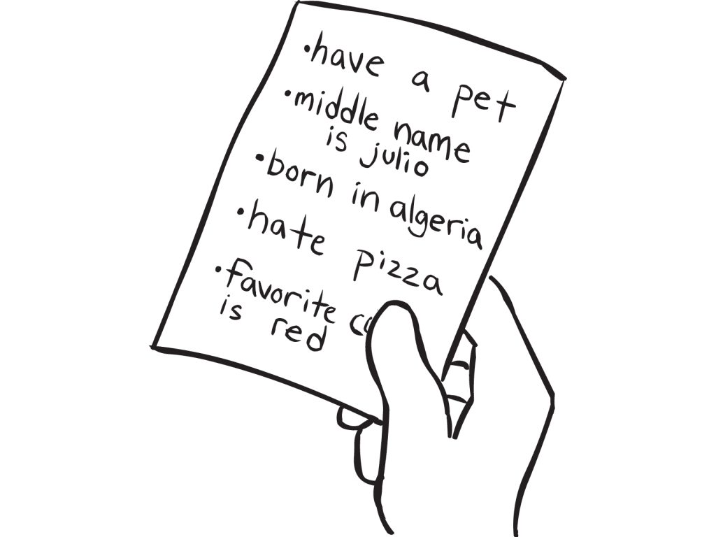 Hand holding index card playing icebreaker guessing game Five Clues