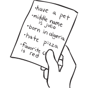 Hand holding index card playing icebreaker guessing game Five Clues