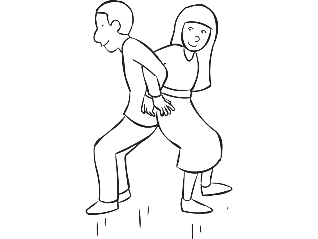 Two people standing back to back and linking elbows bounce up and down as part quick energiser game for pairs called Bouncy Bouncy