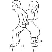 Two people standing back to back and linking elbows bounce up and down as part quick energiser game for pairs called Bouncy Bouncy