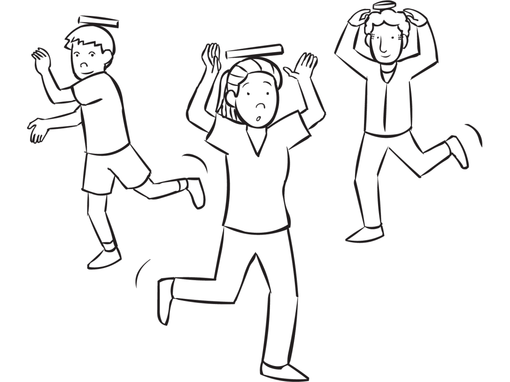 Three people with books on their heads playing the balancing tag game Deportment Tag