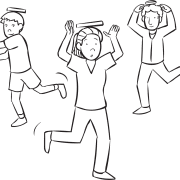 Three people with books on their heads playing the balancing tag game Deportment Tag