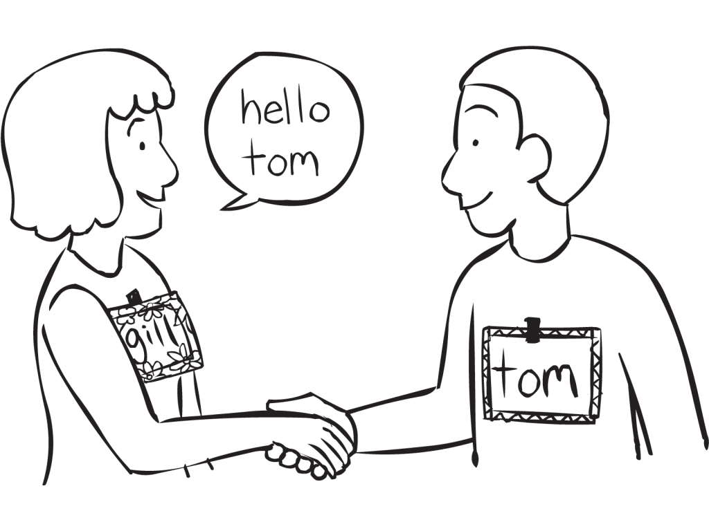 Two people shaking hands in a creative icebreaker activity Name-Tag Mania