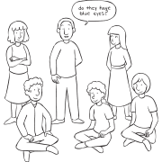 Group of people standing or sitting down, playing a fun get-to-know-you game of Who Is It?