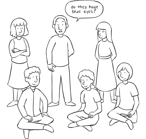 Group of people standing or sitting down, playing a fun get-to-know-you game of Who Is It?