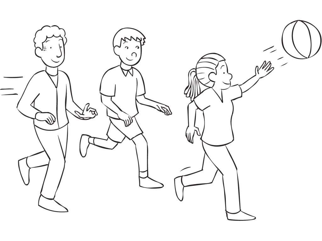 Three people running and hitting a beachball in the air, playing energetic team game Striker