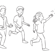 Three people running and hitting a beachball in the air, playing energetic team game Striker