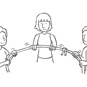 Three people rotating a rope tied in loop for purposes of active icebreaker game called Twice Around The Block